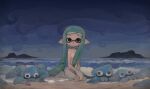  1girl beach beached black_eyes blank_stare blue_sky blunt_bangs breasts cloud cloudy_sky commentary_request completely_nude domino_mask empty_eyes expressionless green_hair highres inkling inkling_girl island liang_cun_rakuna light_blush light_particles long_hair looking_at_viewer mask no_mouth no_nipples nude ocean outdoors pointy_ears seashell seiza shell short_eyebrows short_hair_with_long_locks sitting sky small_breasts solo splatoon_(series) squid tentacle_hair very_long_hair waves wide_shot 