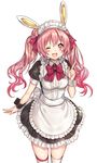 ;d animal_ears apron blush bunny_ears frills highres long_hair madogawa maid maid_headdress md5_mismatch official_art one_eye_closed open_mouth original pink_eyes pink_hair smile solo thighhighs twintails wrist_cuffs 