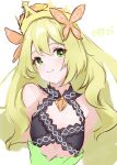  1girl bare_shoulders blonde_hair butterfly_hair_ornament celine_(fire_emblem) cross-laced_clothes cross-laced_dress crown fire_emblem fire_emblem_engage green_eyes hair_ornament highres lillian8710 long_hair looking_at_viewer orange_gemstone princess 