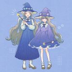 2girls :d ^_^ ankle_socks black_ribbon blonde_hair blue_dress blue_flower blue_headwear blush bobby_socks brown_footwear closed_eyes collared_shirt commentary dot_nose dress expressionless facing_viewer flower frilled_socks frills full_body hair_between_eyes hat hat_flower highres holding long_dress long_hair long_sleeves looking_at_viewer magic multiple_girls nahara_saki neck_ribbon notice_lines open_mouth original pinafore_dress pleated_dress puffy_long_sleeves puffy_sleeves purple_background purple_dress purple_eyes purple_headwear ribbon shirt shoes siblings sisters sleeveless sleeveless_dress smile socks split_mouth standing very_long_hair wand wavy_hair white_shirt white_socks witch witch_hat 