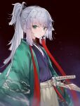  1girl absurdres aqua_hakama aqua_kimono black_kimono braided_hair_rings breasts earrings fate/grand_order fate/samurai_remnant fate_(series) green_eyes green_hakama green_haori green_kimono hakama hakama_skirt haori highres japanese_clothes jewelry katana kimono kishimen_hair long_hair long_sleeves looking_at_viewer ponytail print_hakama sidelocks simple_background skirt small_breasts solo sword ura_illust weapon white_hair white_hakama wide_sleeves yui_shousetsu_(fate) yui_shousetsu_(second_ascension)_(fate) 