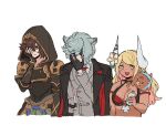  1girl 2boys :d animal_ears armor bags_under_eyes bikini black_eyes blonde_hair boar bottle breastplate breasts brown_hair clothing_cutout collared_shirt colored_inner_hair covering_one_eye draph empty_eyes erune eyepatch flat_color flower frown granblue_fantasy grey_hair hair_between_eyes hair_flower hair_ornament hand_on_own_face hip_armor holding holding_bottle hood hood_up horns jacket jacket_on_shoulders kumbhira_(granblue_fantasy) large_breasts light_blush messy_hair multicolored_hair multiple_boys necktie nehan_(granblue_fantasy) red_bikini red_eyes red_necktie sandalphon_(granblue_fantasy) shaded_face shirt shoulder_armor side_cutout sketch smile suit swimsuit tan wahoosandalphon white_background yellow_eyes 