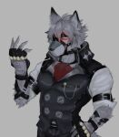 anthro biped butler canid canine canis claws clothing cottoneater expressionless fingerless_gloves fur gloves glowing glowing_eyes handwear male mammal mihoyo muscular muscular_anthro muscular_male muzzle_(object) red_eyes solo straps victorian von_lycaon white_body white_fur wolf zenless_zone_zero