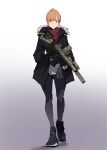  1girl absurdres assault_rifle black_coat black_footwear black_gloves breath coat full_body fur-trimmed_coat fur_trim gloves grey_eyes grey_pants gun highres looking_at_viewer m4_carbine orange_hair original pants parted_lips pen_guin15 red_scarf rifle scarf short_hair simple_background sketch solo tactical_clothes trigger_discipline weapon white_background 