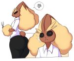 absurd_res anthro big_butt biped black_sclera bottomwear brown_body butt clothed clothing comic dialogue english_text generation_4_pokemon hi_res lopunny nintendo pants pokemon pokemon_(species) saltyxodium shirt simple_background standing text thick_thighs topwear white_background