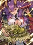  1girl breasts brown_horns china_dress chinese_clothes chinese_zodiac cleavage cleavage_cutout clothing_cutout cup dragon dragon_horns dress earrings eastern_dragon hagure_keg hair_between_eyes highres holding holding_cup horns jewelry large_breasts long_hair looking_at_viewer new_year original purple_hair red_eyes sakazuki solo white_dress year_of_the_dragon 