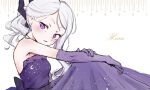  1girl bare_shoulders blue_archive blush character_name dangle_earrings demon_horns dress earrings elbow_gloves evening_gown forehead gloves grey_hair highres hina_(blue_archive) hina_(dress)_(blue_archive) horns jewelry long_hair looking_at_viewer open_mouth parted_bangs purple_dress purple_eyes single_sidelock slit_pupils solo yirga 