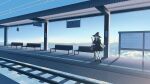  1girl above_clouds ankle_socks bench billboard black_capelet black_footwear black_headwear black_skirt blonde_hair blue_sky broom capelet cloud collared_shirt commentary_request fantasy floating hat highres holding holding_broom long_hair long_sleeves looking_ahead nahara_saki neck_ribbon original outdoors pink_ribbon railroad_tracks ribbon shadow shirt shoes skirt sky socks solo standing train_station train_station_platform waiting white_shirt white_socks wide_shot witch witch_hat 