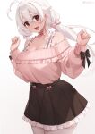  1girl ahoge bare_shoulders breasts brown_eyes choker cleavage cowboy_shot grey_hair hair_between_eyes hands_up heart heart_ahoge highres iwbitu large_breasts long_hair long_sleeves looking_at_viewer miniskirt nyopu off-shoulder_sweater off_shoulder open_mouth original pink_sweater ribbon_choker shirt_tucked_in simple_background skirt smile solo sweater sweater_tucked_in thick_eyebrows twintails white_background white_hair 