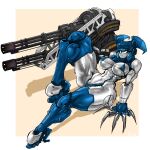 2024 5_claws absurd_res big_breasts bikini biped blue_bikini blue_body blue_clothing blue_swimwear breasts claws closed_smile clothing female front_view full-length_portrait gatling_gun gausscannon glistening glistening_body glistening_claws gun hand_on_ground hi_res high_heeled_feet huge_hips huge_thighs humanoid jenny_wakeman knee_pulled_up leaning leaning_back lips long_claws looking_at_viewer machine machine_gun metallic_body minigun mouth_closed multicolored_body my_life_as_a_teenage_robot navel nickelodeon nipple_outline not_furry pinup portrait pose ranged_weapon robot robot_humanoid shaded sharp_claws simple_background sitting smile solo swimwear thick_thighs two_tone_body weapon weapon_arm white_body wide_hips