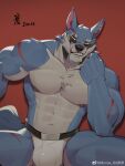  1boy abs absurdres animal_ears bara blue_fur bulge dislyte freddy_(fenrir)_(dislyte) furry furry_male highres large_pectorals looking_at_viewer male_focus mature_male munax_od muscular muscular_male navel nipples pectorals scar scar_across_eye scar_on_arm seductive_smile smile solo stomach sunglasses thick_eyebrows thick_thighs thighs topless_male wolf_boy wolf_ears 