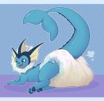 ambiguous_gender big_diaper bodily_fluids clothing cuddlehooves diaper eeveelution feral fin generation_1_pokemon genital_fluids hi_res looking_at_viewer looking_back lying nintendo on_front open_mouth pawpads pokemon pokemon_(species) raised_tail rear_view solo tail underwear urine vaporeon wet_diaper wetting wetting_diaper