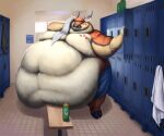 2021 anthro antlers belly big_belly big_moobs biped blue_bottomwear blue_clothing blue_shorts bottle bottomwear clothing container deer digital_media_(artwork) fur hair horn huge_moobs hyper hyper_belly inside locker locker_bench locker_room male mammal moobs morbidly_obese morbidly_obese_anthro morbidly_obese_male navel obese obese_anthro obese_male orange_body orange_fur overweight overweight_anthro overweight_male ray_the_buck shorts solo standing sugarboy towel water_bottle