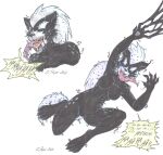 2021 anthro autumn_williams black_border border breasts cougar_leon duo featureless_breasts featureless_crotch feet female female/female fur hair humanoid hyena hysteria_klyntar looking_at_viewer mammal markings marvel nude paws simple_background spots spotted_body spotted_fur spotted_hyena symbiote text tongue tongue_out traditional_media_(artwork) were werehyena