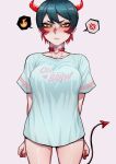  1girl black_crowser black_hair blush closed_mouth clothes_writing demon_horns demon_tail highres horns multicolored_hair original red_hair red_nails shirt solo t-shirt tail white_shirt yellow_eyes 