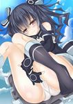  ahhien bare_shoulders black_hair blush cloud fingering hair_ornament highres long_hair neptune_(series) open_mouth panties red_eyes see-through sky solo underwear uni_(choujigen_game_neptune) white_panties 