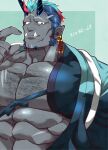 1boy abs another_eidos-r aqua_hair bara bare_pectorals blue_hair closed_mouth colored_skin demon_boy demon_horns earrings facial_hair finger_to_mouth green_background grey_skin habaki_(another_eidos) highres horns huge_pectorals igote japanese_clothes jewelry kizami_nori_to_yamaimo long_sideburns male_focus multicolored_hair muscular muscular_male no_eyebrows pectorals pointy_ears red_eyes red_hair scar scar_on_chest scar_on_chin scar_on_face scar_on_forehead sideburns single_earring solo sparse_chest_hair tasuki tusks upper_body 