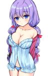  1girl aqua_babydoll arms_behind_back babydoll bare_shoulders blue_eyes blue_panties blush breasts cleavage closed_mouth collarbone commentary_request cowboy_shot expressionless hair_between_eyes highres koibana_ren&#039;ai large_breasts long_hair looking_at_viewer low_twintails ncontrail_(mgax7527) panties purple_hair simple_background sketch solo twintails underwear very_long_hair white_background yuugure_tokoyo 