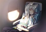  aircraft airplane airplane_interior animal_ears book closed_eyes glasses hong_(white_spider) long_hair original pillow revision rimless_eyewear silver_hair sitting sleeping sleeping_upright solo wolf_ears 