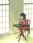  1girl black_hair bow chair cream_soda cup day drinking_glass drinking_straw elbows_on_table food gegege_no_kitarou glint hair_bow half_updo hand_on_own_cheek hand_on_own_face head_rest highres ice_cream ice_cream_float indoors japanese_clothes kimono kitarou_tanjou:_gegege_no_nazo kyouko_(roughplus) long_hair long_sleeves looking_ahead melon_soda mole mole_under_eye obi print_kimono red_kimono ryuuga_sayo sandals sash sidelocks sitting socks solo tabi table waiting white_socks window window_shade wooden_table zouri 