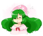  1girl :d ^_^ big_hair blush closed_eyes crescent_print flying_sweatdrops green_hair hat kazami_yuuka kazami_yuuka_(pc-98) long_hair nightcap nonamejd official_style pink_headwear smile solo star_(symbol) star_print touhou touhou_(pc-98) upper_body zun_(style) 