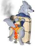 anthro armello armor bodily_fluids bottomless burning butt butt_on_fire canid canine canis clenched_teeth clothed clothing eyes_closed fifybear fire flamethrower hi_res lock male mammal pain ranged_weapon rear_view restraints smoke solo stocks tail tears teeth thane_(armello) torture weapon wolf