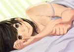  bad_id bad_pixiv_id bed breasts brown_eyes brown_hair cleavage commentary face kamiyama_aya looking_at_viewer lying medium_breasts on_side original smile solo strap_slip 