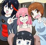  &gt;_&lt; ^_^ black_hair blue_eyes bunny closed_eyes h0saki jakuzure_nonon junketsu kill_la_kill kiryuuin_satsuki mankanshoku_mako matoi_ryuuko multicolored_hair multiple_girls no_hat no_headwear pink_eyes pink_hair red_hair short_hair streaked_hair tank_top v 