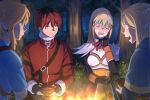  2boys 2girls black_bodysuit black_gloves black_hair blonde_hair blue_capelet blue_tunic blush bodysuit bowl braid campfire capelet champion&#039;s_tunic_(zelda) closed_eyes coat crossover darkness_(konosuba) dungeon_meshi earrings elf english_commentary fingerless_gloves forest french_braid gloves hair_ornament highres holding holding_bowl jewelry kono_subarashii_sekai_ni_shukufuku_wo! link long_hair looking_at_another marcille_donato multicolored_hair multiple_boys multiple_girls narrowed_eyes nature night outdoors pointy_ears ponytail rappa red_coat red_hair short_hair sitting sousou_no_frieren stark_(sousou_no_frieren) the_legend_of_zelda the_legend_of_zelda:_breath_of_the_wild tree two-tone_hair x_hair_ornament 