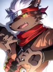 2022 5_fingers anthro asian_clothing brown_body brown_fur canid canine canis clothing domestic_dog east_asian_clothing fingers fur hi_res japanese_clothing lifewonders looking_at_viewer male mammal ponzu_tas red_eyes solo tadatomo tokyo_afterschool_summoners white_body white_fur yellow_sclera