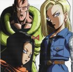  1girl 2boys absurdres android android_16 android_17 android_18 belt black_hair blonde_hair blue_eyes brown_belt dragon_ball dragon_ball_z earrings highres jewelry light multiple_boys muscular muscular_female muscular_male orange_hair shadow simple_background white_background 