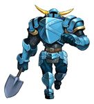  armor belt bloodstained:_ritual_of_the_night clenched_hand commentary full_armor gauntlets helmet horned_helmet horns knight male_focus natsume_yuji shovel shovel_knight shovel_knight_(character) simple_background solo walking weapon white_background 