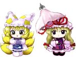  2girls animal_ear_headwear animal_ears blonde_hair blue_tabard blush_stickers bow chibi commentary dot_mouth dress fake_animal_ears fox_tail full_body hair_bow hands_in_opposite_sleeves hat hat_ribbon hat_tassel highres holding holding_umbrella long_hair long_sleeves looking_at_viewer medium_hair mob_cap multiple_girls multiple_tails open_mouth own_hands_together purple_eyes purple_tabard red_bow red_ribbon ribbon simple_background smile socks standing symbol-only_commentary tabard tail touhou umbrella white_background white_dress white_headwear white_socks yakumo_ran yakumo_yukari yakumora_n yellow_eyes zun_(style) 