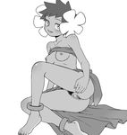  anklet bad_id bad_pixiv_id bare_shoulders barefoot blush breasts clitoris dark_skin elite_four eyelashes flower fuyou_(pokemon) gooberman_(kdk5011) greyscale hair_flower hair_ornament jewelry looking_at_viewer monochrome nipples no_panties parted_lips pokemon pubic_hair pussy sarong shirt_lift short_hair simple_background small_breasts smile solo spread_pussy uncensored white_background 