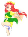  1girl :d baton blue_bow bow bow_legwear green_vest hair_ribbon hat leg_up long_hair low-tied_long_hair nonamejd official_style orange_(touhou) puffy_short_sleeves puffy_sleeves red_eyes red_hair ribbon shirt short_sleeves shorts smile socks solo touhou touhou_(pc-98) vest white_ribbon white_socks yellow_headwear yellow_shirt yellow_shorts zun_(style) 