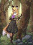 2024 2_tails anthro barefoot blonde_hair breasts canid canine clothed clothing day detailed_background digital_media_(artwork) dipstick_tail dress feet female flower forest fox fully_clothed fur hair hi_res inner_ear_fluff leg_markings mammal markings multi_tail orange_body orange_fur outside plant rock socks_(marking) solo tail tail_markings tree tuft yshanii