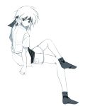  1other absurdres androgynous atoymk closed_mouth commentary dated_commentary greyscale headband highres invisible_chair kurohebi len&#039;en light_frown medium_hair monochrome no_shoes other_focus shirt short_sleeves shorts simple_background sitting solo white_background 
