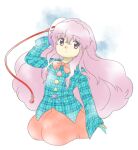  1girl arm_up big_hair bow bowtie bubble_skirt closed_mouth flat_chest hair_between_eyes hata_no_kokoro long_hair long_sleeves mask nonamejd official_style pink_eyes pink_hair plaid plaid_shirt red_bow red_bowtie red_skirt shirt skirt solo star_(symbol) touhou zun_(style) 
