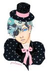  1boy artist_name black_headwear black_jacket blue_eyes blue_flower blue_hair bow bowtie ciel_phantomhive collared_jacket commentary_request earrings english_commentary eyelashes eyepatch flower hair_over_one_eye hat jacket jewelry kuroshitsuji lace_shirt looking_at_viewer male_focus parted_lips pink_bow pink_bowtie polka_dot polka_dot_headwear polka_dot_jacket shirt short_hair solo stud_earrings teeth top_hat transparent_background upper_body white_shirt yutaan 
