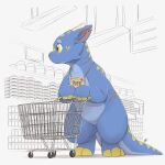 2024 absurd_res anthro blue_body digital_media_(artwork) dragon featureless_crotch hi_res inside louart notched_ear nude shelf shopping shopping_cart signature solo yellow_body yellow_eyes