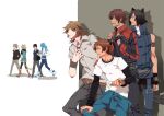  6+boys akira_(togainu_no_chi) animal_ears asato_(lamento) bandaged_neck bandages black_hair blonde_hair blue_hair brown_hair cat_boy cat_ears cat_tail company_connection crossover dramatical_murder drooling facing_away full_body fyfyluker grey_hair grey_pants hand_on_another&#039;s_shoulder hiding high_collar holding holding_screwdriver jacket keisuke_(togainu_no_chi) konoe_(lamento) lamento long_hair looking_at_another male_focus mita_makoto mizuki_(dramatical_murder) multiple_boys nitro+_chiral pants profile sakiyama_youji school_uniform screwdriver seragaki_aoba shadow shirt_under_shirt short_hair simple_background stalking standing studded_jacket sweet_pool tail tail_wagging togainu_no_chi tunic walking yaoi 