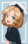  1girl absurdres blonde_hair blue_eyes blue_sailor_collar dated hat highres janus_(kancolle) kantai_collection looking_at_viewer open_mouth puffy_short_sleeves puffy_sleeves sailor_collar sailor_hat short_hair short_sleeves smile solo twitter_username umibudou upper_body white_headwear 