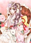  animal animal_on_lap bow braid brown_hair chair eyelashes floral_print flower gloves hair_bow hair_flower hair_ornament hat hat_bow highres horns japanese_clothes kimono original purple_eyes reinxiren sheep white_gloves 