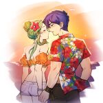  1boy 1girl absurdres alternate_costume alternate_hairstyle bad_source bikini blue_hair blush bracelet closed_eyes commission commissioner_upload couple elincia_ridell_crimea elincia_ridell_crimea_(summer) fire_emblem fire_emblem:_path_of_radiance fire_emblem:_radiant_dawn fire_emblem_heroes floral_print flower flower_bracelet green_hair hair_bun hair_flower hair_ornament hawaiian_shirt highres holding_hands ike_(fire_emblem) imminent_kiss jewelry kiss orange_bikini shirt short_shorts shorts silvercandy_gum sunset swimsuit white_shorts 