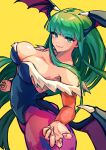  1girl absurdres animal_print ap_cammy bare_shoulders bat_print black_leotard blunt_bangs breasts cowboy_shot demon_wings fur-trimmed_leotard fur_trim green_eyes green_hair head_wings highres hime_cut leotard long_hair looking_at_viewer low_wings morrigan_aensland panties pantyhose print_panties purple_pantyhose smile solo strapless strapless_leotard underwear vampire_(game) wings yellow_background 