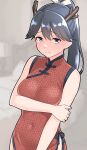  1girl bare_shoulders black_hair blue_eyes blurry blurry_background blush breasts china_dress chinese_clothes cleavage closed_mouth commentary_request cowboy_shot dress fake_horns full-face_blush furaggu_(frag_0416) hair_between_eyes highres horns houshou_(kancolle) houshou_kai_ni_(kancolle) kantai_collection long_hair looking_at_viewer one-hour_drawing_challenge pelvic_curtain ponytail red_dress sleeveless sleeveless_dress small_breasts smile solo 