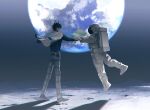  1boy 1other astronaut belt black_belt black_hair black_horns blue_shirt earth_(planet) full_body grey_pants highres holding_hands horns jacket jacket_on_shoulders loafers long_sleeves male_focus ne2_(renznyanya) nijisanji nijisanji_en on_moon pants plaid plaid_pants planet ren_zotto shirt shoes standing virtual_youtuber white_jacket 