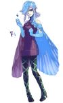  1girl blue_eyes blue_hair cape elbow_gloves fi gloves hair_over_one_eye high_heels humanization jewelry makeup nintendo nkraae personification simple_background skirt skyward_sword solo the_legend_of_zelda the_legend_of_zelda:_skyward_sword thighhighs zelda_musou 