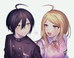  1boy 1girl :d ahoge akamatsu_kaede black_hair black_jacket blonde_hair blush brown_eyes closed_mouth collared_shirt commentary_request couple danganronpa_(series) danganronpa_v3:_killing_harmony eye_contact eyelashes hair_between_eyes hair_ornament happy heart hetero highres jacket long_hair looking_at_another musical_note musical_note_hair_ornament nose open_mouth pink_eyes pink_sweater_vest saihara_shuichi school_uniform shimazu. shirt short_hair side-by-side simple_background smile sweater_vest tsurime upper_body white_background white_shirt 