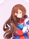  1girl android armor artist_name blush breasts brown_hair closed_mouth commentary_request gloves highres iris_(mega_man) joints long_hair mega_man_(series) mega_man_x4 mega_man_x_(series) pink_hair robot_joints signature small_breasts smile teto_(y3832) upper_body 